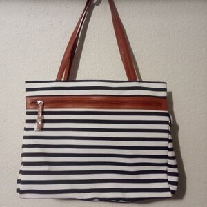 DSW Navy and White Striped Tote with Brown Handles